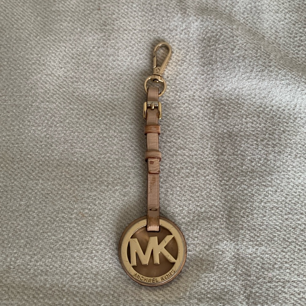 Michael Kors Bag Charm Black Leather Strap Beige Gold Tone